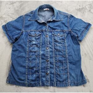 Vintage 70s Young Stuff Shirt Womens Size 2X Blue Short Sleeve Snap Embroidered
